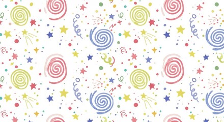 Whimsical Spiral Stars Confetti Pattern - A joyful hand-drawn pattern featuring spirals, stars, and confetti. Symbolizing celebration, dreams, playfulness, joy, and creativity