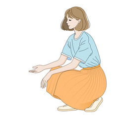 Minimalist vector illustration of a young woman squatting with an outstretched hand. She wears a pleated skirt, sneakers, and a loose T-shirt. The image is isolated on a white background.