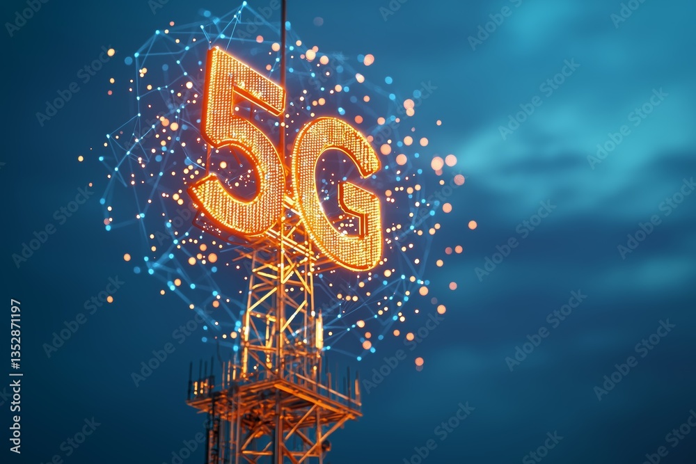 Poster Glowing 5G symbol floating above telecom tower at dusk with connected dots and sky background, futuristic wireless communication concept, Generative AI