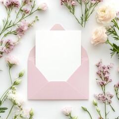 A Pink Envelope And Card Surrounded By Flowers And Greenery