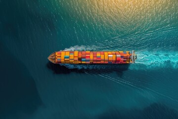 Aerial view of a large container ship sailing on a deep blue ocean, carrying colorful cargo containers.