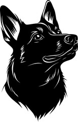 A clean and detailed silhouette of a dog's head, showcasing its distinct ears, snout, and facial structure. Ideal for pet logos, animal-themed designs, veterinary graphics