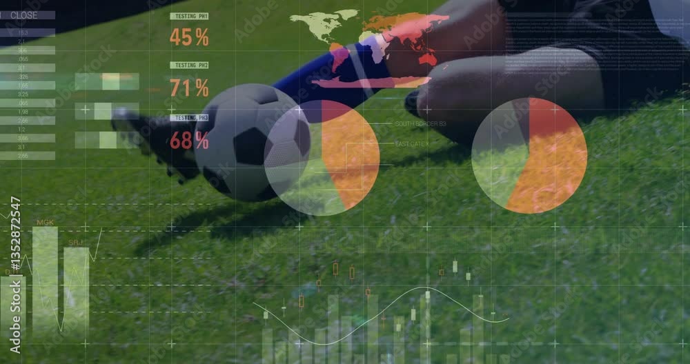 Poster Soccer player on grass with data analytics and global map overlay animation