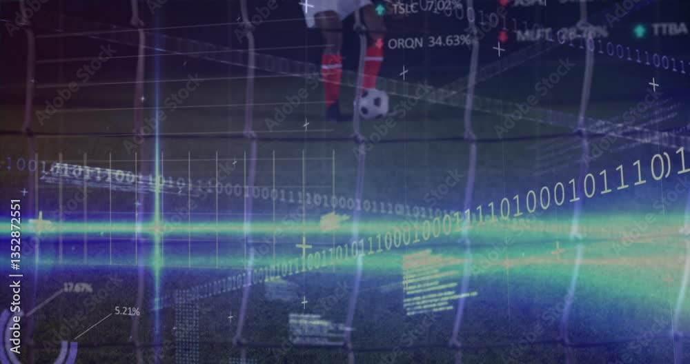 Poster kicking soccer ball, animation and digital data overlay with binary code
