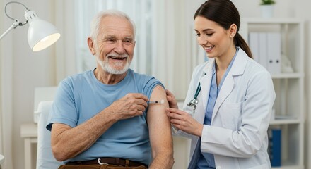 Senior Man Receiving Flu Shot from Female Doctor at Home