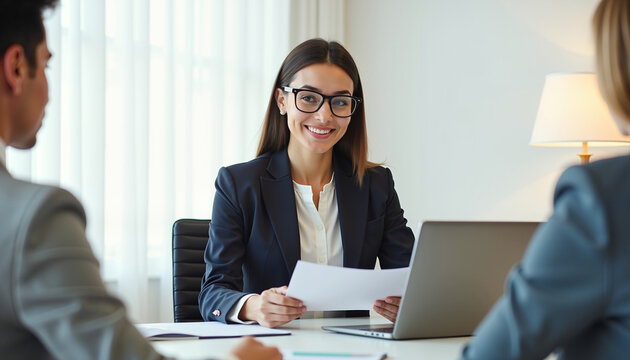 Job interview with a smiling woman in glasses presenting her resume to two serious interviewers