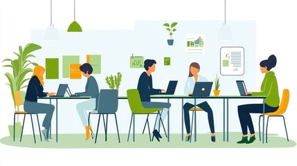 Collaborative Workspace with Diverse Team Members Using Laptops in a Modern Office Setting