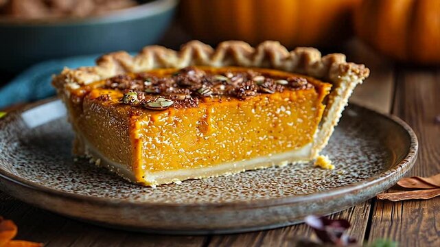 Delicious pumpkin pie slice on a rustic plate with autumn decorations