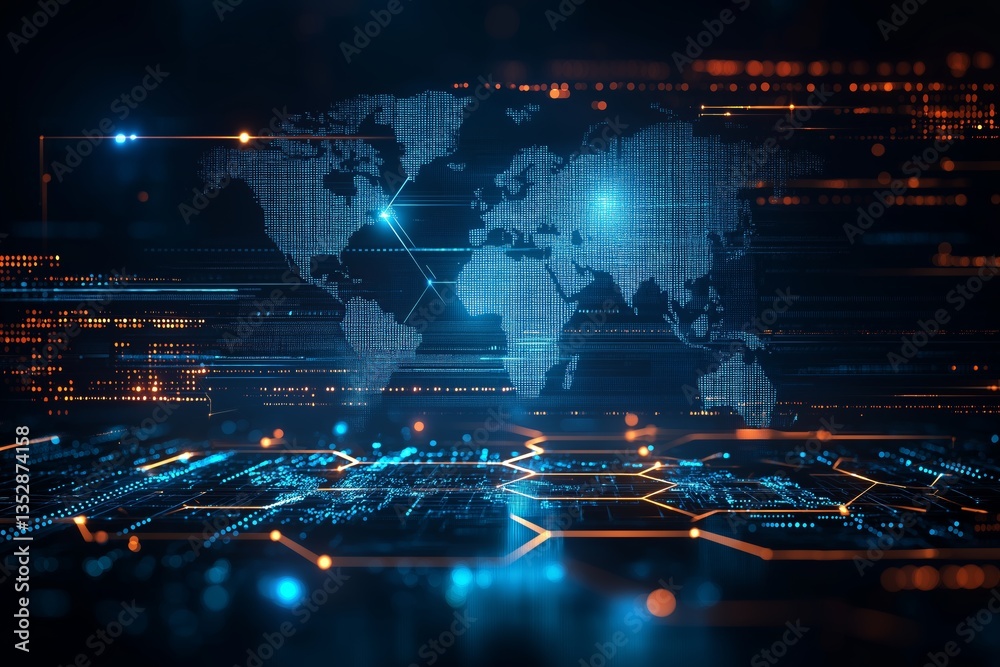 Poster Futuristic digital world map with glowing cyber connections and high-tech network interface overlay in neon colors, global data concept, Generative AI, Generative AI