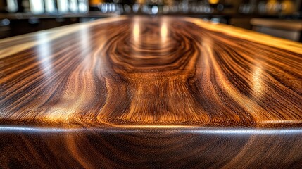 Glossy, polished wood surface with natural grain and blurred background