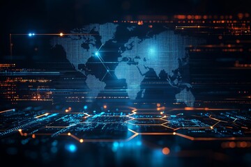 Futuristic digital world map with glowing cyber connections and high-tech network interface overlay in neon colors, global data concept, Generative AI, Generative AI