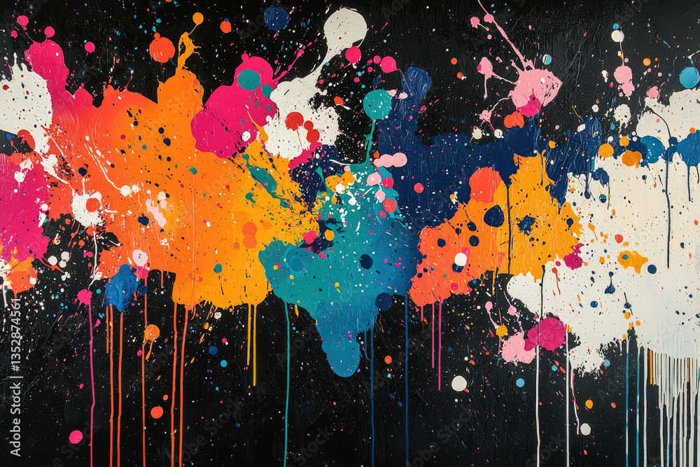 Poster Vibrant explosion of colorful paint splatters on a dark background, creating a dynamic and energetic artwork.