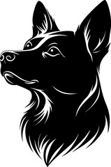 A clean and detailed silhouette of a dog's head, showcasing its distinct ears, snout, and facial structure. Ideal for pet logos, animal-themed designs, veterinary graphics