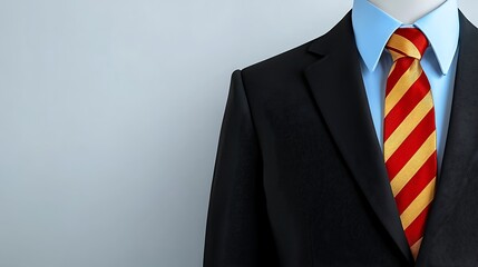 Mannequin dressed in a black suit, light blue shirt, and red and gold striped tie