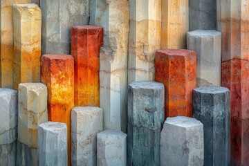 Abstract arrangement of multicolored hexagonal stone columns, creating a visually striking geometric pattern.