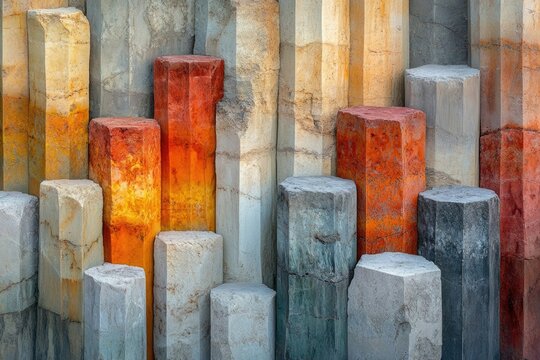 Abstract arrangement of multicolored hexagonal stone columns, creating a visually striking geometric pattern.