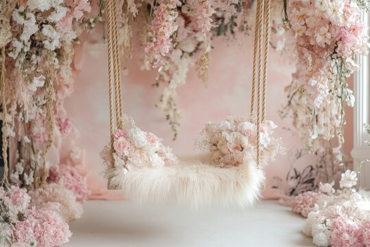 A baby swing decorated with flowers is featured beautifully