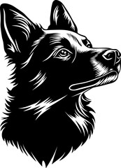 A clean and detailed silhouette of a dog's head, showcasing its distinct ears, snout, and facial structure. Ideal for pet logos, animal-themed designs, veterinary graphics