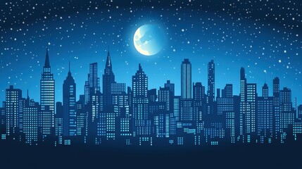 Moonlit Metropolis City Skyline at Night.