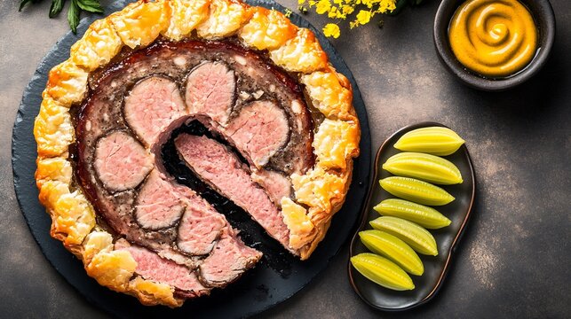 Top down view of French pt en crote meat pt pastry crust sliced and served with cornichons and Dijon mustard