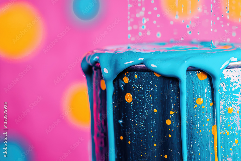 Poster overflowing teal paint drips from a can onto a vibrant pink background with yellow bokeh.