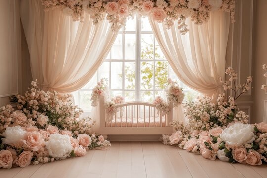 A beautiful baby cradle decorated with gorgeous floral arrangements indoors