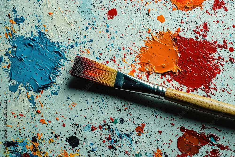Poster paintbrush rests on a canvas splattered with vibrant blue, orange, and red paint creating an abstrac