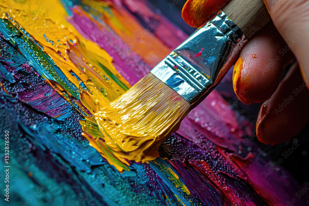 Poster a close-up of a paintbrush applying vibrant yellow paint to a colorful, textured canvas.