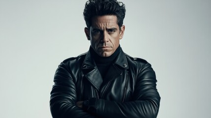 Fototapeta premium Confident Man in Leather Jacket with Arms Crossed Studio Portrait Masculine Style Fashion Ph