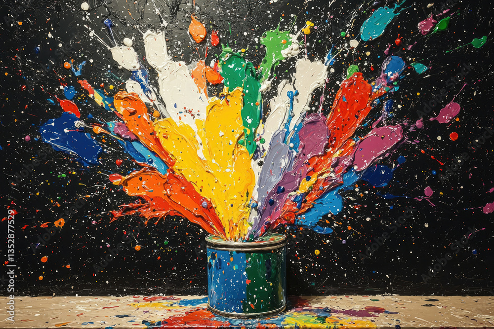 Poster vibrant paint explosion erupting from a can, creating a colorful, dynamic artwork against a dark bac