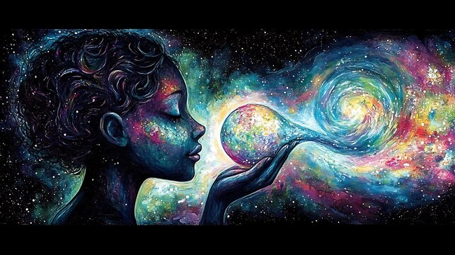 A woman holding a cosmic sphere with swirling energy in space