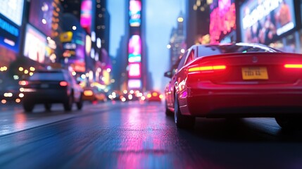 Obraz premium Nighttime city scene with illuminated billboards and cars.