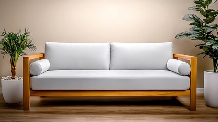 Fototapeta premium Modern, wooden-framed couch with soft white cushions, flanked by leafy potted plants