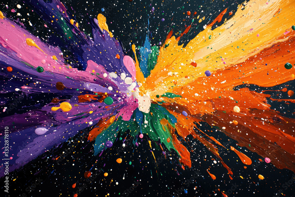 Poster Vibrant explosion of colorful paint splatters on a dark background, creating a dynamic and energetic artwork.