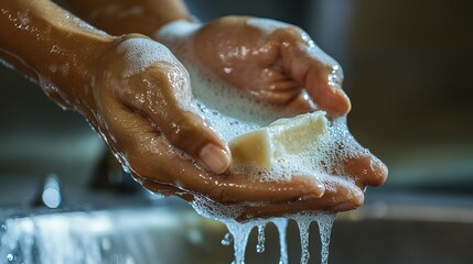 Fototapeta premium Essential Hygiene: Close-Up of Hands Washing with Soap Under Running Water
