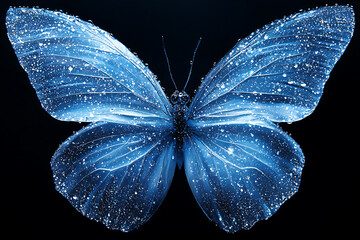 A blue butterfly with glistening droplets scattered across its wings set against a stark black background.