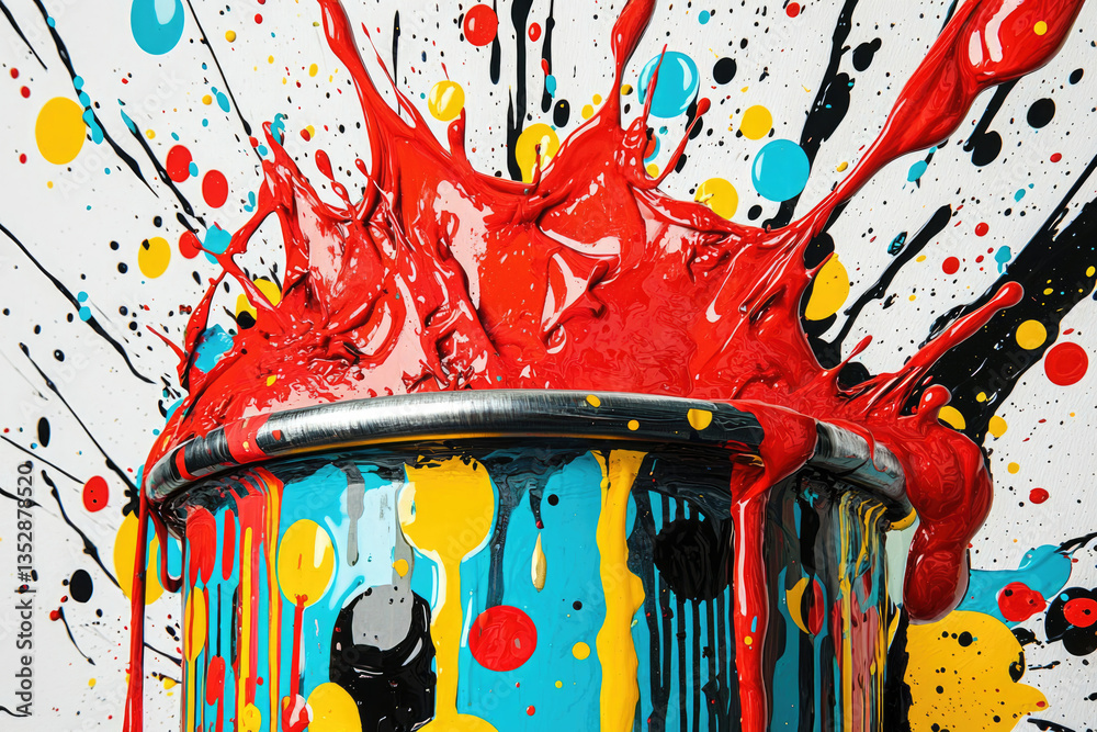 Aufkleber vibrant red paint explodes from a bucket, splashing colorful patterns on a white background.