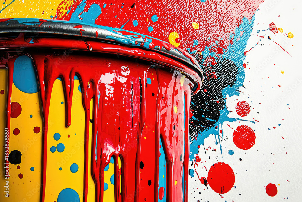 Poster a paint can overflowing with vibrant red, yellow, and blue paint, creating a dynamic splash.