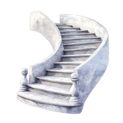 Watercolor illustration of a winding stone staircase with ornate balusters showcasing a blend of elegance and classical architecture.