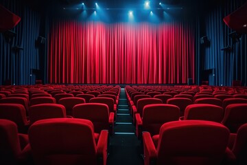 Empty movie theater with red seats and a large red curtain awaiting the show.