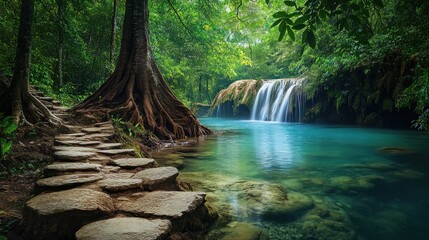 Fototapeta premium Serene Waterfall in Lush Tropical Forest