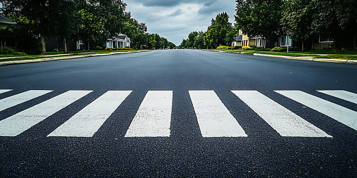 Empty road with crosswalk trees lining the sidewalks and houses under a cloudy sky.