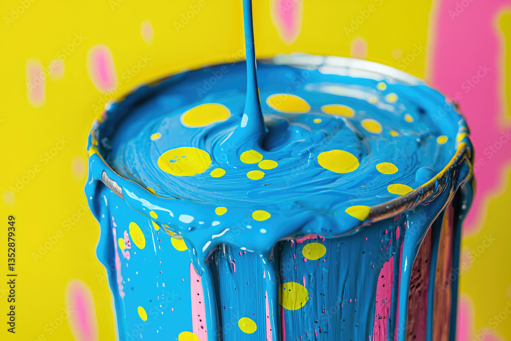 Poster vibrant blue paint pouring into a container, creating a mesmerizing swirl with yellow droplets.