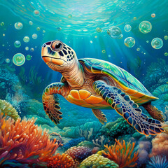 Obraz premium a stippled underwater scene featuring a sea turtle gliding through coral reefs, surrounded by tiny, delicate bubbles