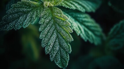 Fototapeta premium Nature’s Elegance: Close-Up of a Dew-Covered Leaf with Intricate Details
