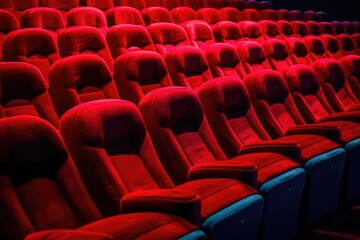 Naklejka premium Rows of empty red velvet cinema seats await moviegoers, creating a dramatic and inviting atmosphere.
