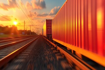 Obraz premium Speeding Freight Train at Sunset: Dynamic Travel and Transportation Concept