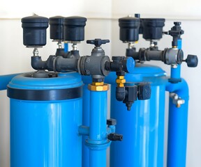 Blue water tanks connected with black pipes and valves part of a residential or commercial water filtration system.
