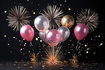 Vibrant New Year's Eve Card Featuring Exploding Balloons and Sparkling Confetti on Elegant Black Background