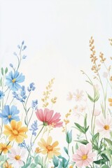 Beautiful watercolor painting of colorful wildflowers and delicate foliage